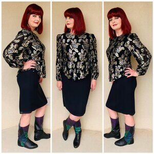 Vintage 80s Black Floral Metallic Peplum Dress